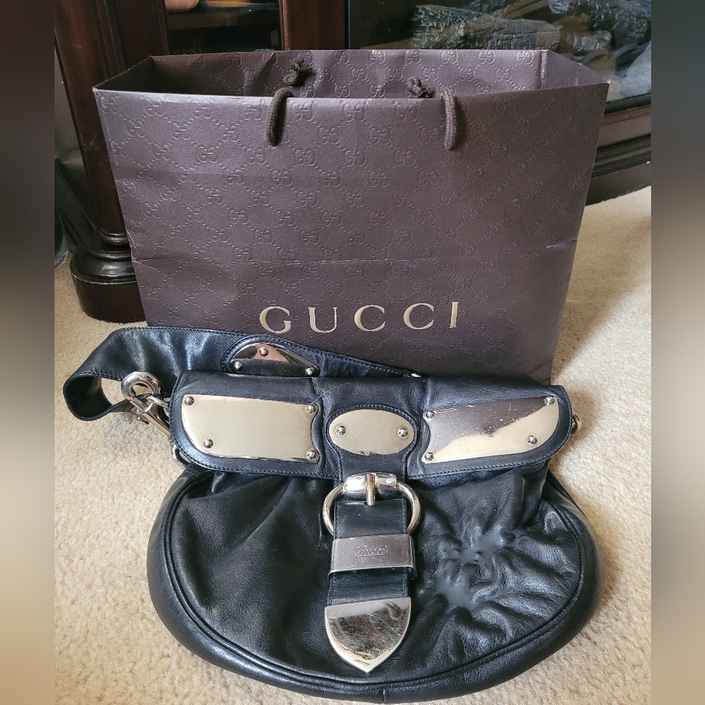GUCCI Black & Silver Leather Shoulder Bag